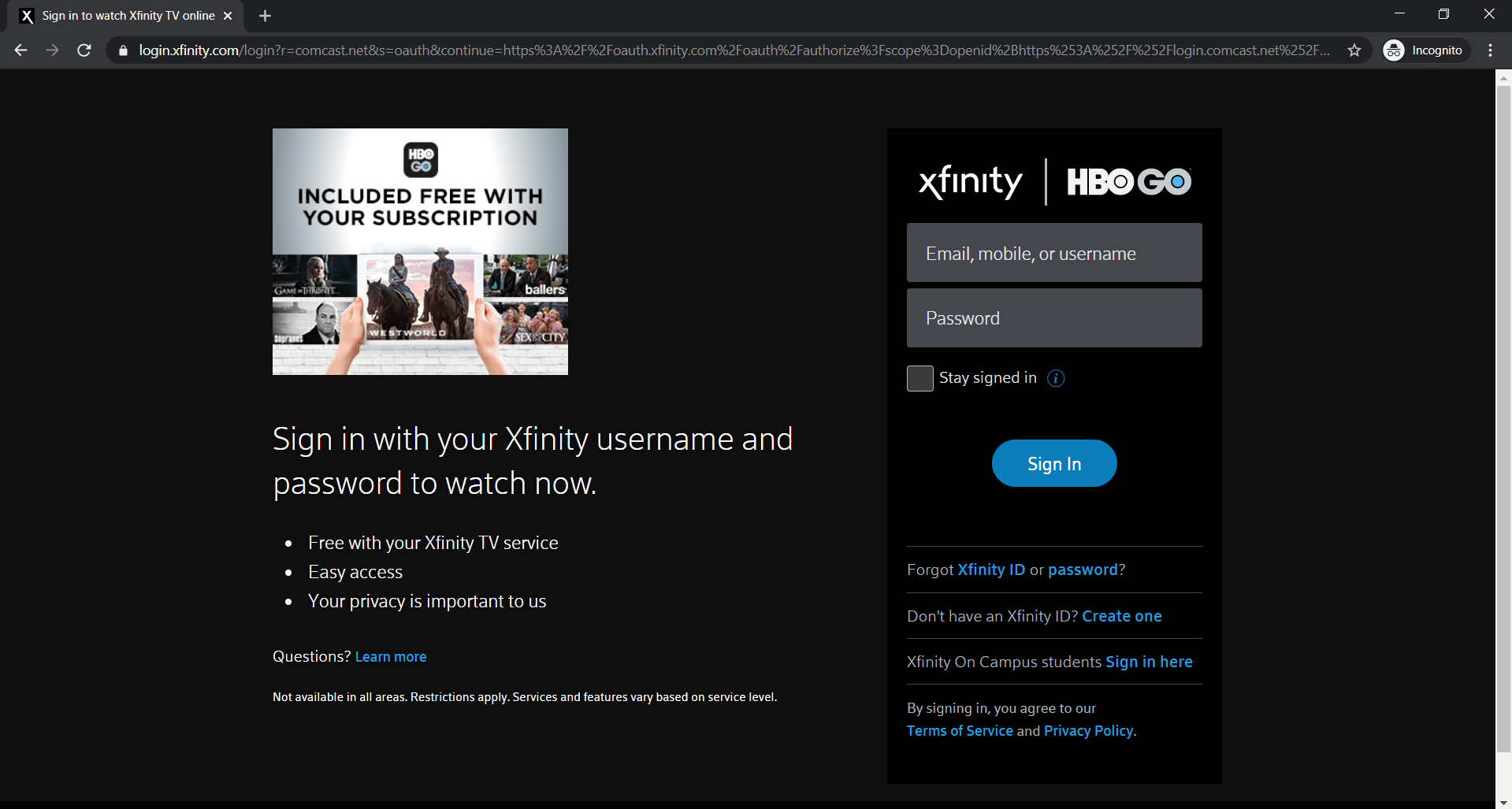 xfinity hbo now password